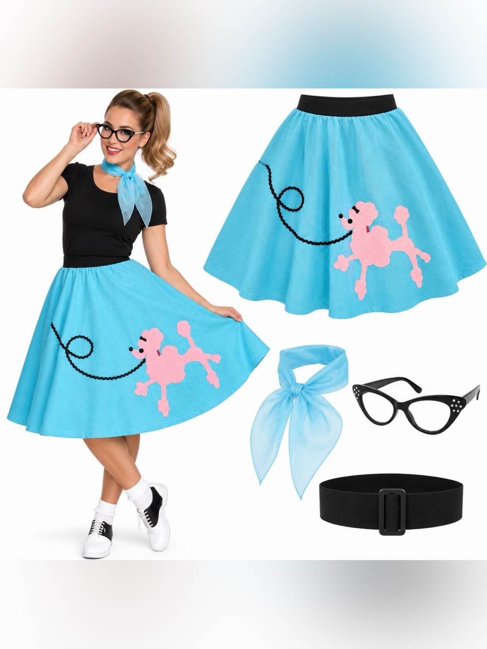 50s Poodle Skirt Costume One Size Blue Pink Retro Sock Hop Halloween Outfit